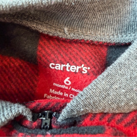 4/20$ Carter's Fleece Red and Black Plaid Moose Footie Footed Sleeper size 6M - Picture 3 of 4